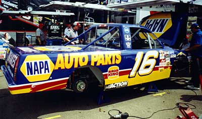 Truck on stands in gargage area